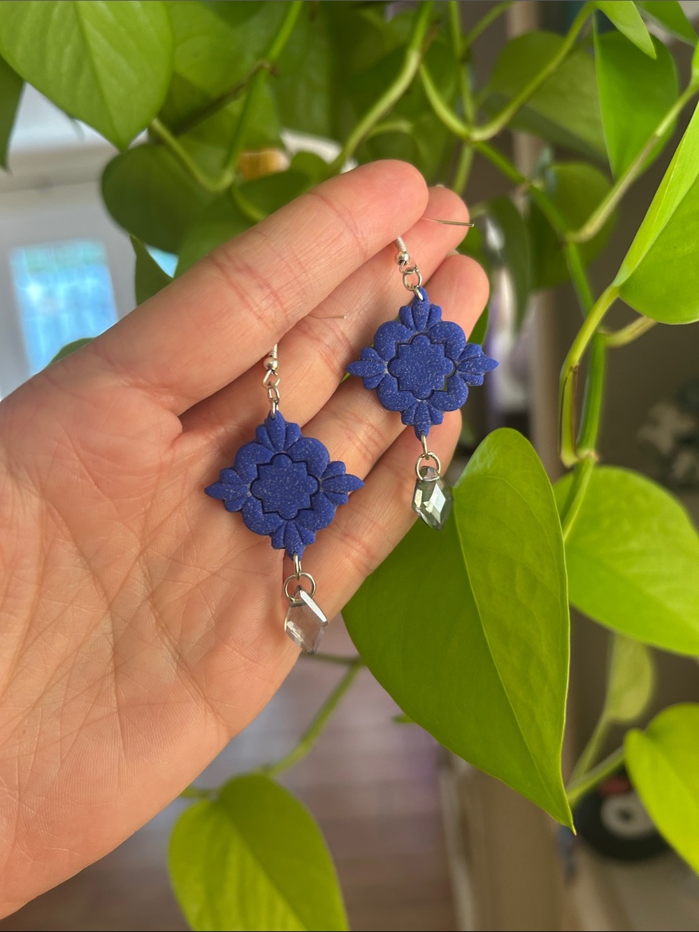 Blue Floral Statement Dangle Earrings